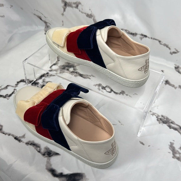 Gucci Ace Bow Leather Sneakers Velvet Slip On Cream Gold Bee Closed Heel or Mule - Picture 2 of 15